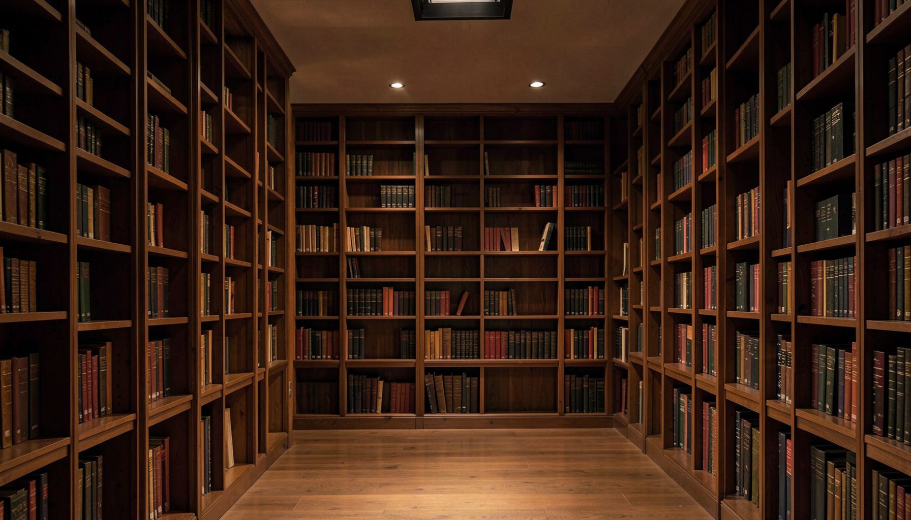 Bibliothèque aux rayonnages en bois sombre, éclairée par une lumière douce et tamisée, ambiance studieuse et chaleureuse